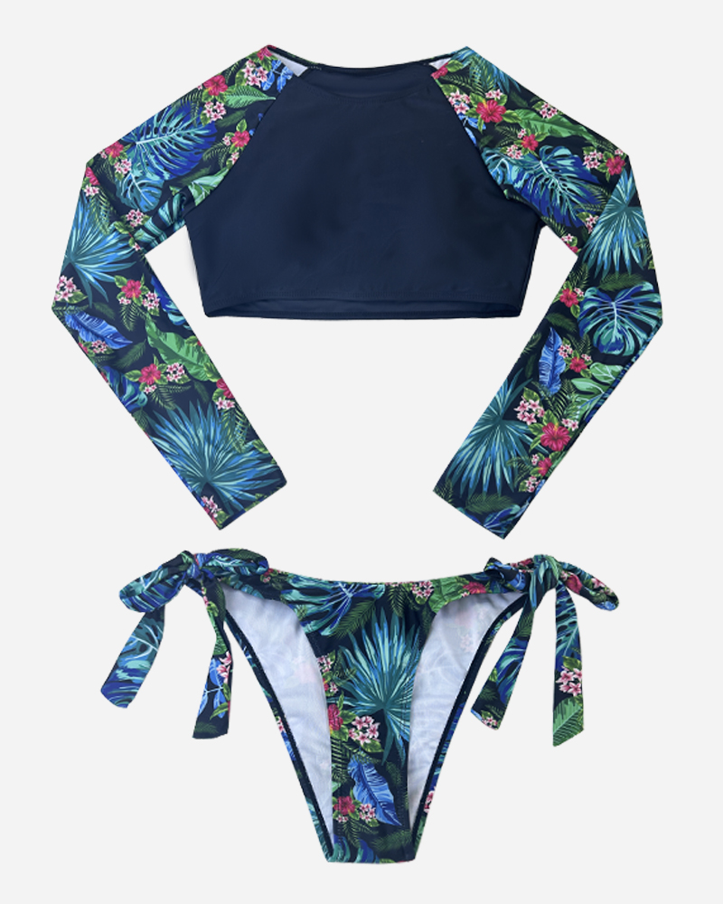 Palm Long Sleeve Rashguard & Tie Side Bikini Bottoms Set