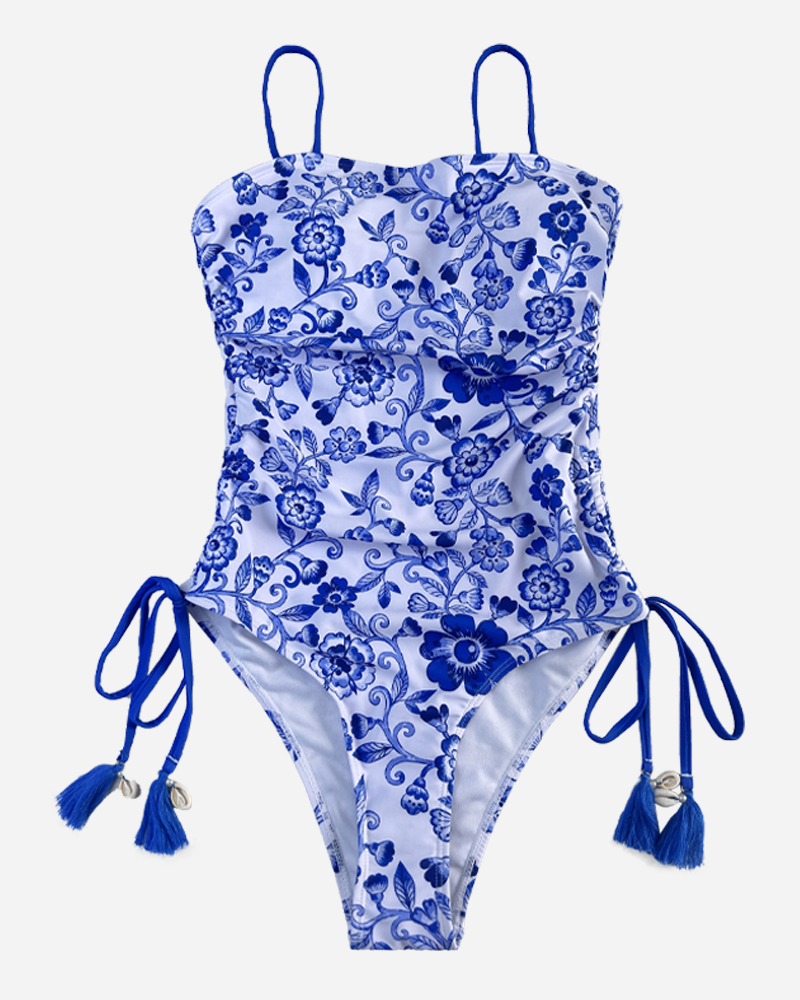 All Over Print Ruched Side Tassels One Piece Swimsuit