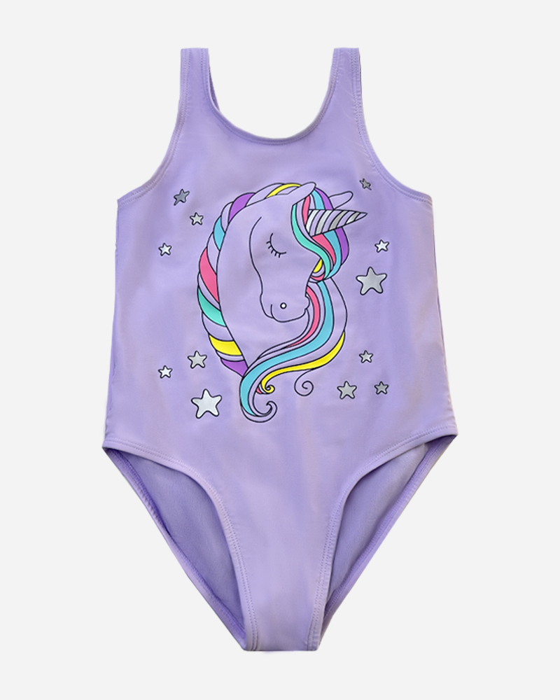 Unicorn Print Round Neck One Piece Swimsuit