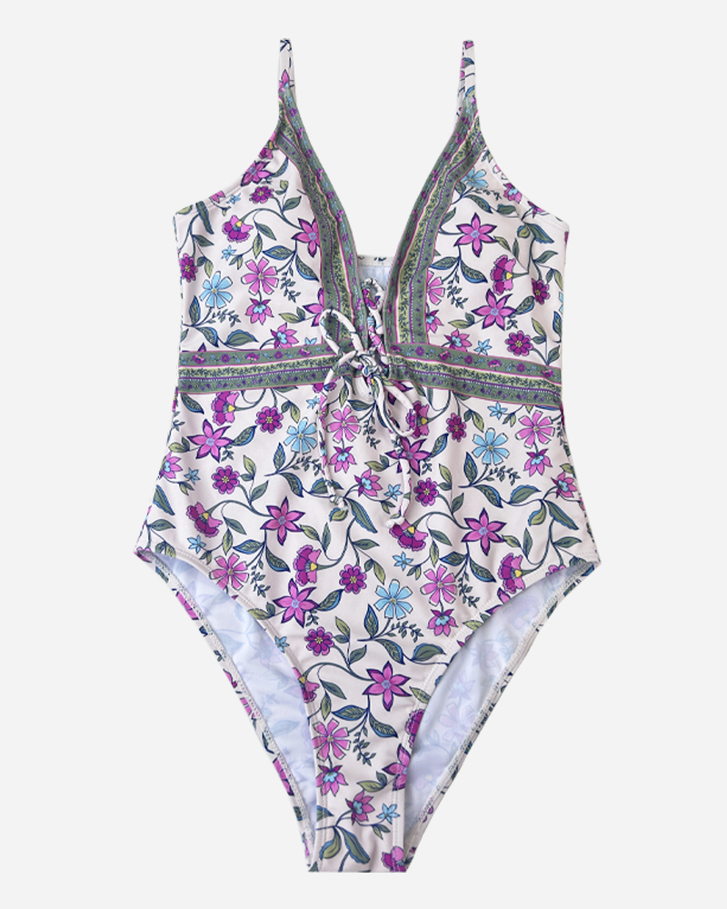 Floral Tie Front V-Neck One Piece Swimsuit