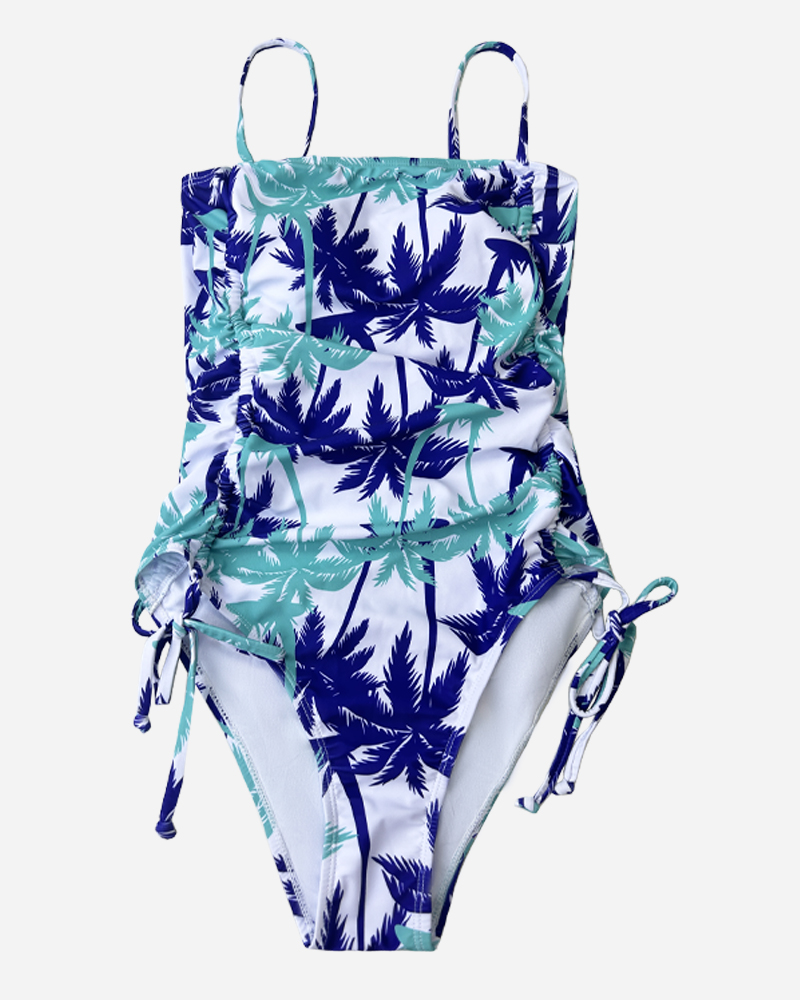 Tropical Drawstring One Piece Swimsuit