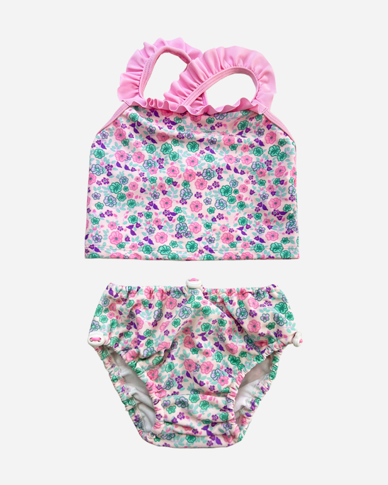 Floral Cross Over Ruffled Bikini Top&Floral Shirred Bikini Bottom Set