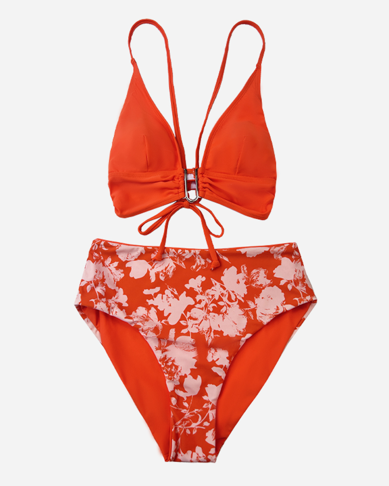 Solid U-Ring Shirred Bikini Top&Floral Mid Rise Bikini Bottom Set