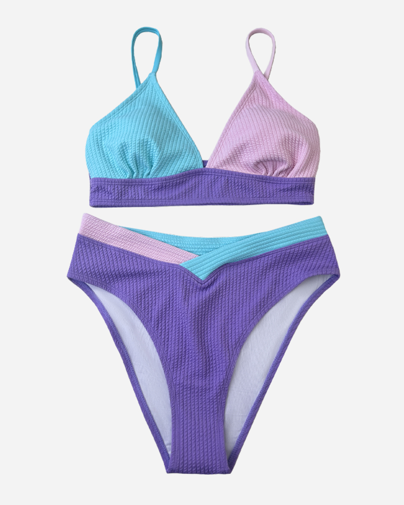 Colorblock V-Neck Bikini Top & Mid Rise Bikini Bottoms Set