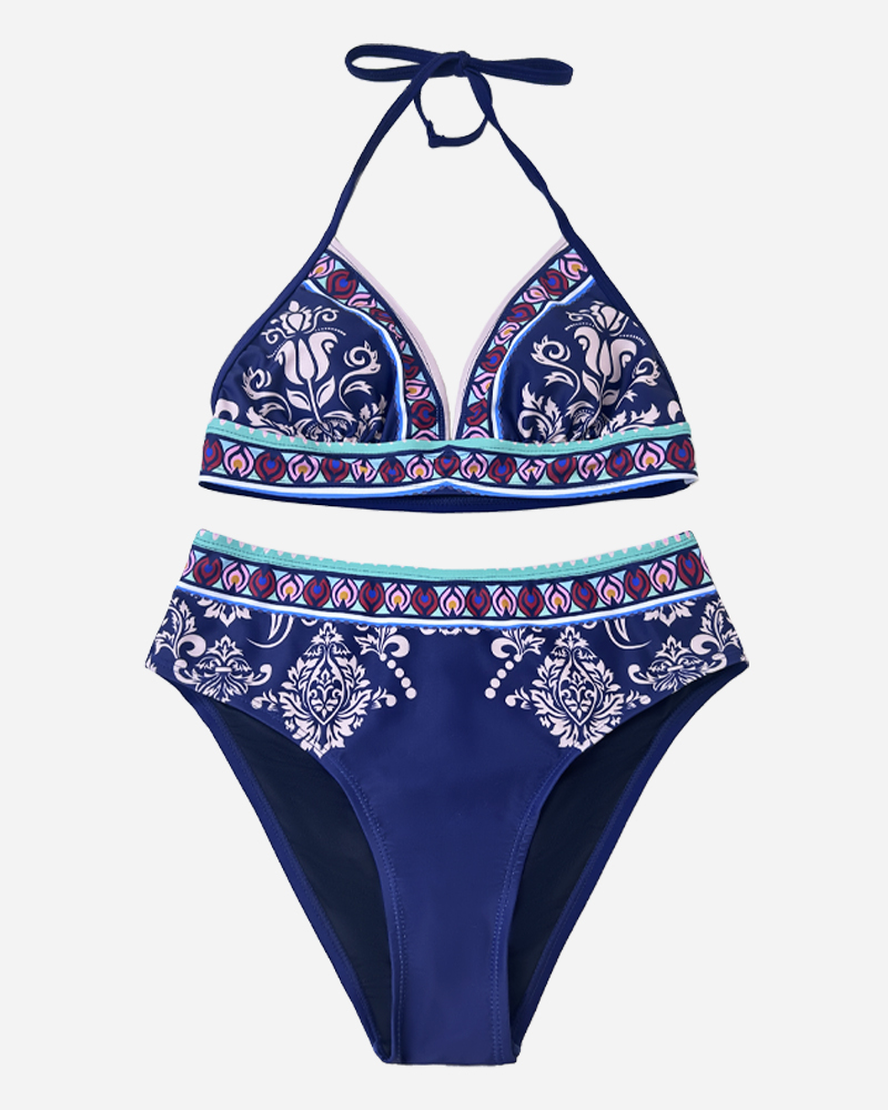 All Over Print Halter Bikini Top & Mid Rise Bikini Bottoms Set