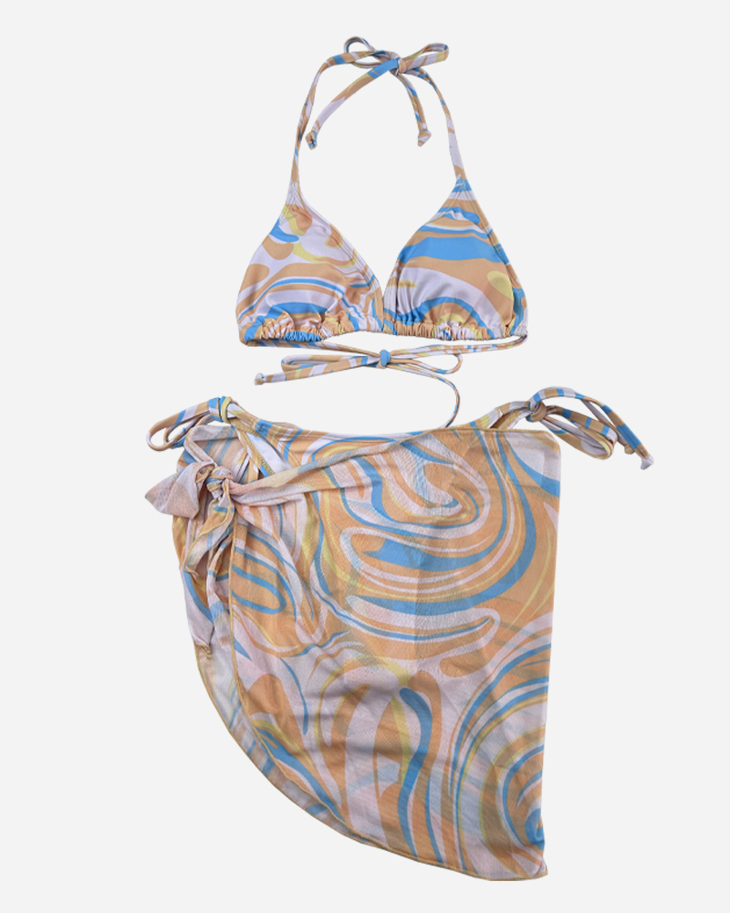 All Over Print Halter Triangle & Tie Side Bikini Bottoms & Ruffled Cover-Up Set