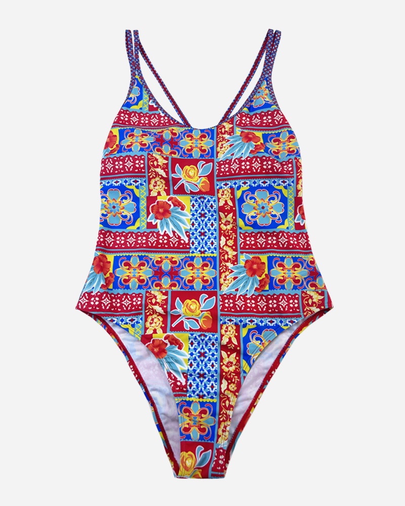 Floral Cross Over Dual Strap One Piece Swimsuit