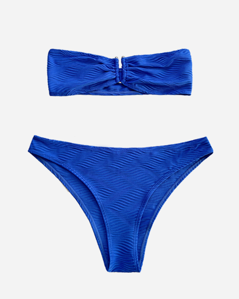 Textured U-Ring Bandeau Bikini Top & Hipster Bikini Bottoms Set