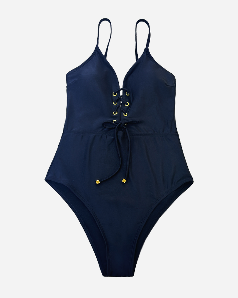 Solid Tie Front  One Piece Swimsuit