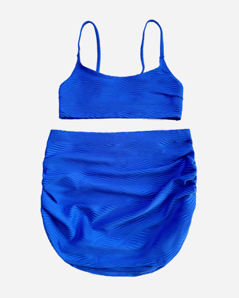 Textured Square Neck Bikini Top & Shirred Mini Skirt Set