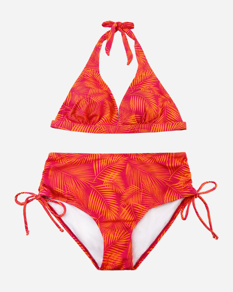 Palm Halter Bikini Top & Ruched Side Bikini Bottoms Set