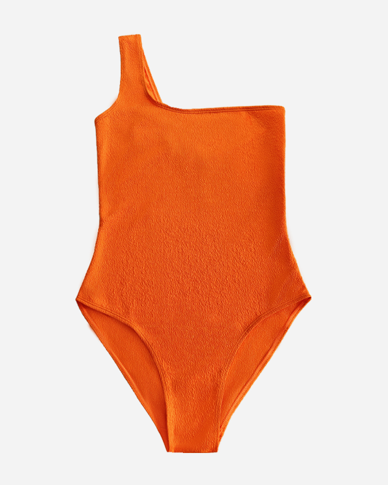 Solid Textured One Shoulder One Piece Swimsuit