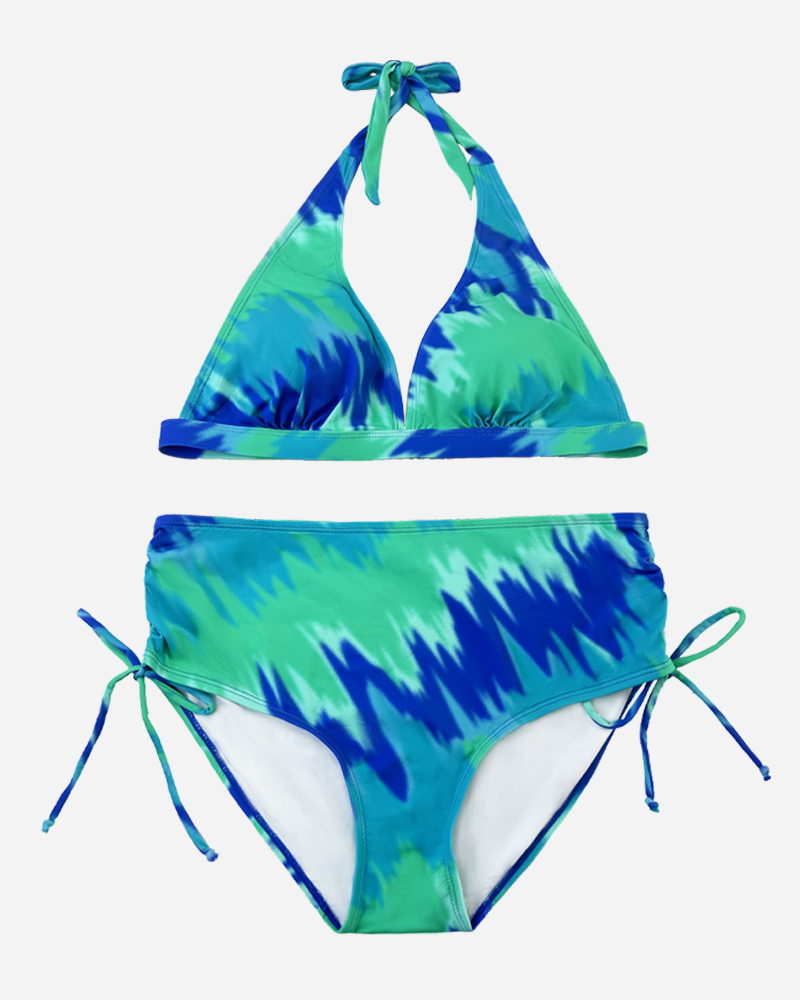 All Over Print Halter Bikini Top & Ruched Side Bikini Bottoms Set