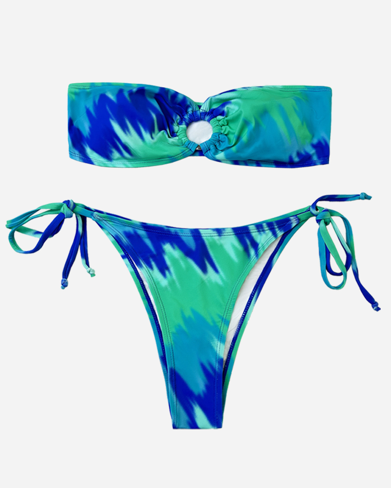 All Over Print Bandeau Bikini Top & Tie Side Bikini Bottoms Set