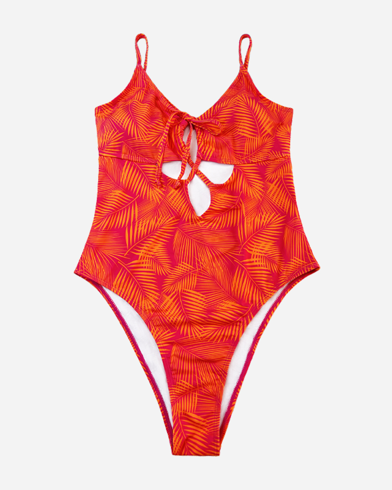 Palm Cut Out Tie Front One Piece Swimsuit