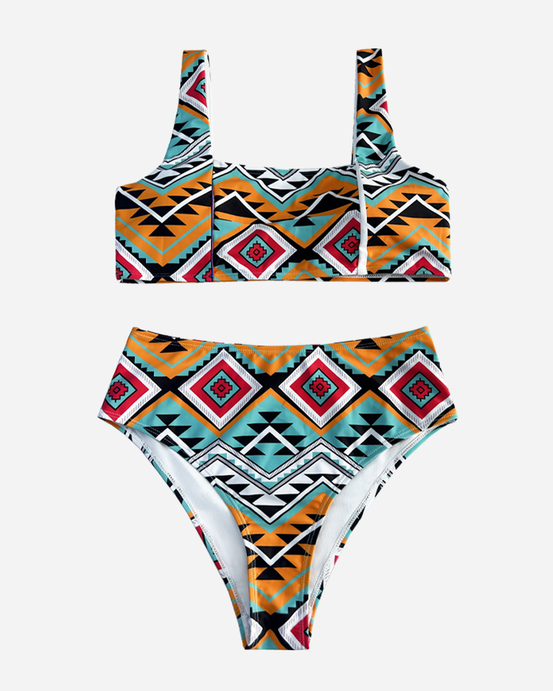 Ethnic Cut Out Bikini Top & Mid Rise Bikini Bottoms Set