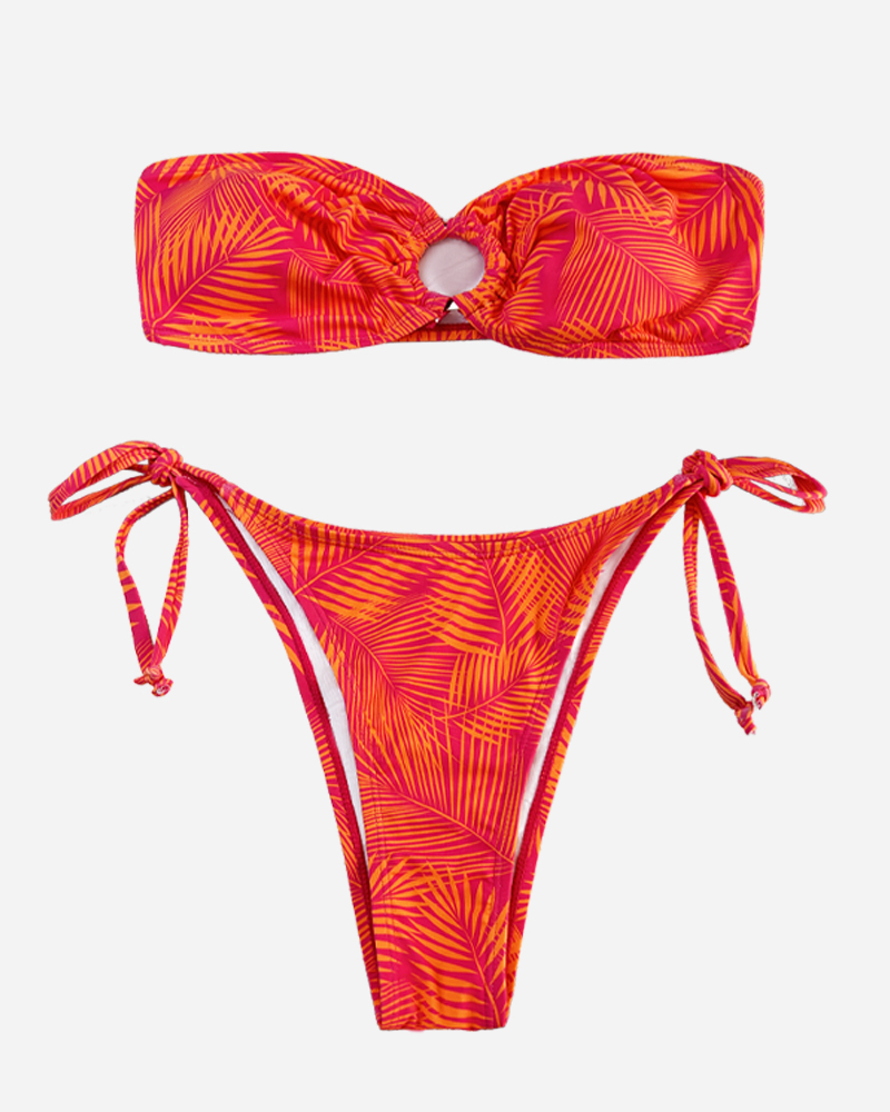 Palm Bandeau Bikini Top & Tie Side Bikini Bottoms Set