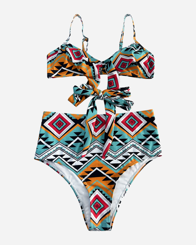 Ethnic Wrap Front Bikini Top & High Rise Bikini Bottoms Set