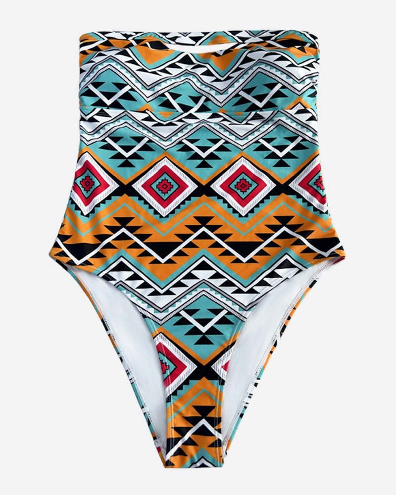 Ethnic Bandeau Cut Out One Piece Swimsuit