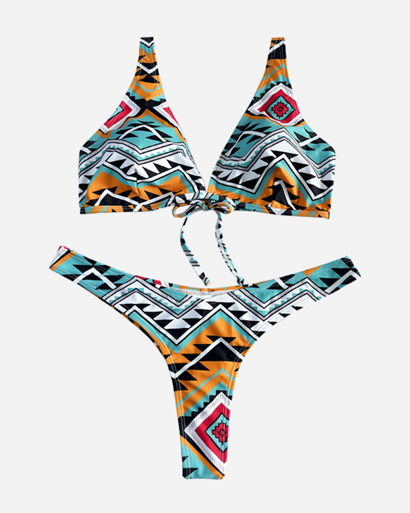 Ethnic V-Neck Bikini Top & Cheeky Bikini Bottoms Set