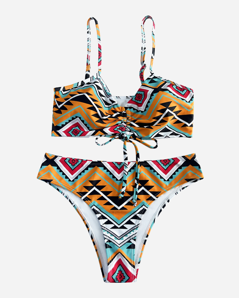 Ethnic Tie Front Bikini Top & Mid Rise Bikini Bottoms Set