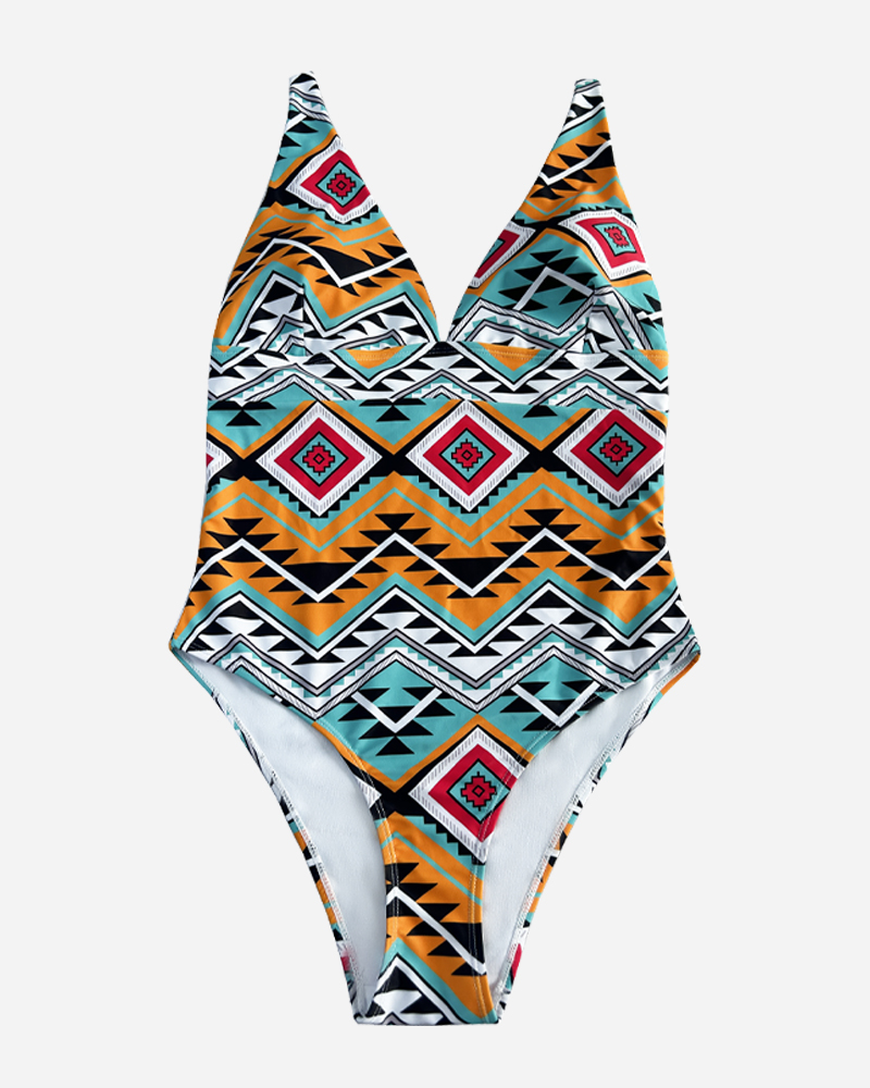 Ethnic V-Neck One Piece Swimsuit