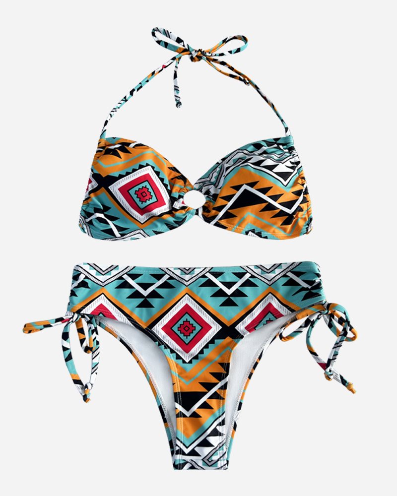 Ethnic Halter Bikini Top & Tie Side Bikini Bottoms Set