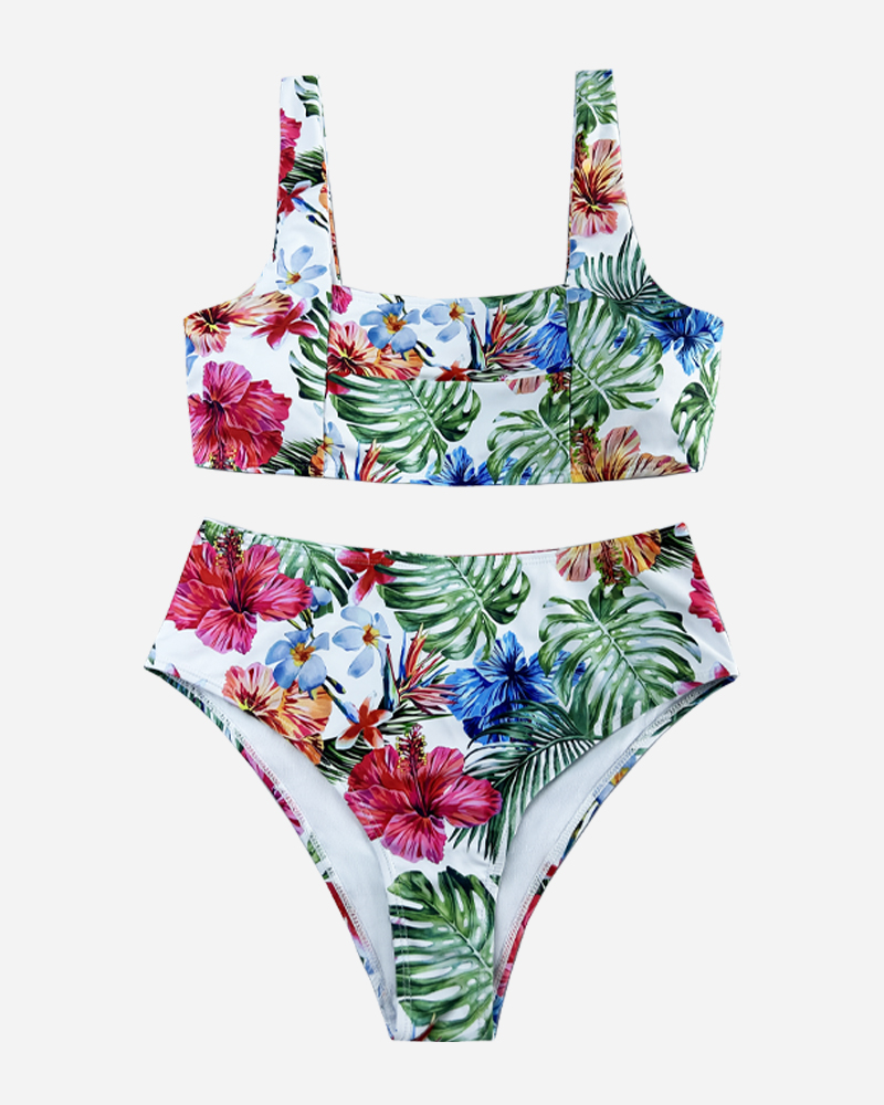 Tropical Cut Out Bikini Top & Mid Rise Bikini Bottoms Set