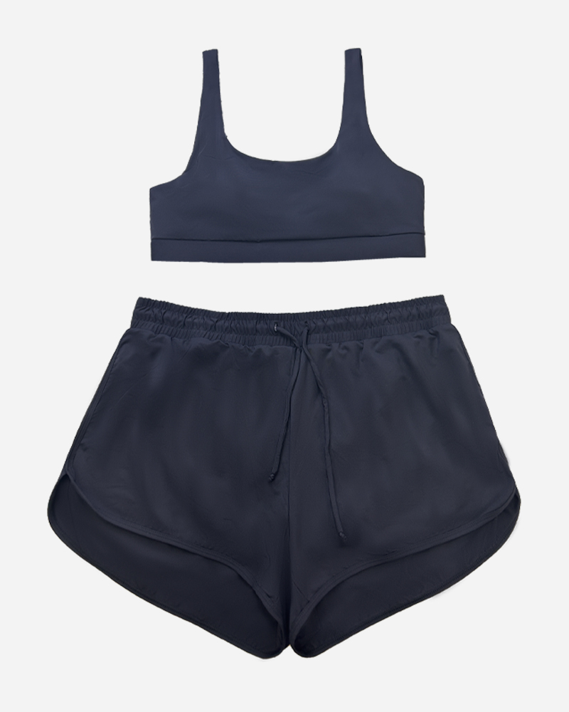 Solid Scoop Neck Bikini Top & Swimshorts Set