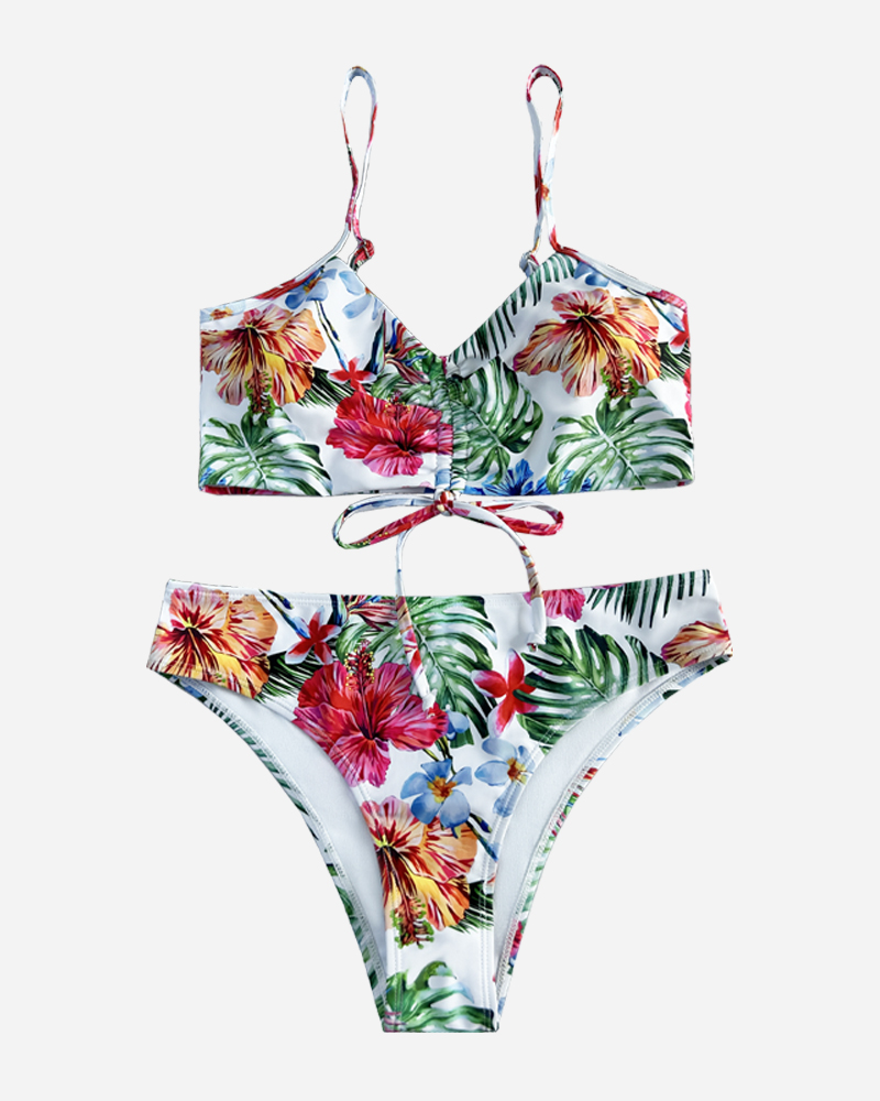 Tropical Tie Front Bikini Top & Mid Rise Bikini Bottoms Set