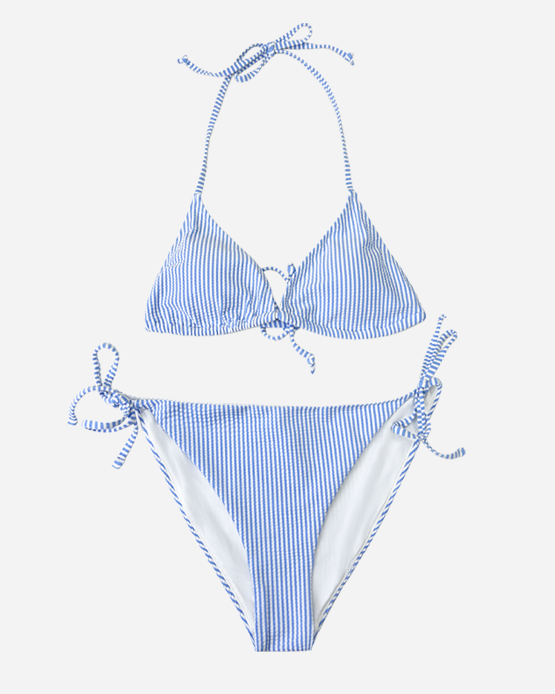 Seersucker Triangle Bikini Top & Tie Side Bikini Bottoms Set