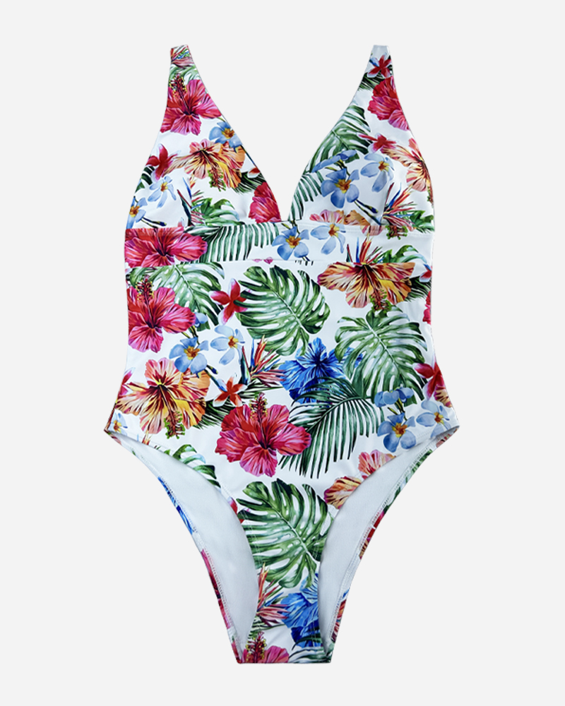 Tropical V-Neck One Piece Swimsuit