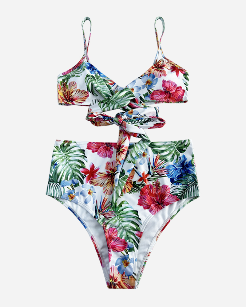 Tropical Wrap Front Bikini Top & High Rise Bikini Bottoms Set