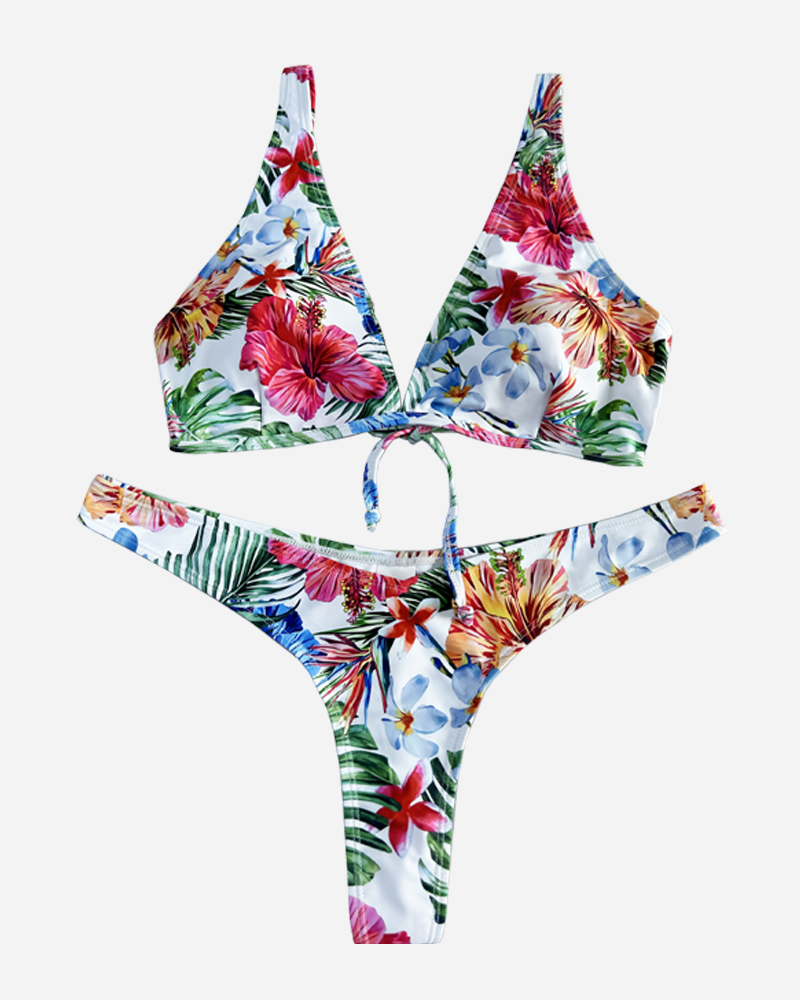 Tropical V-Neck Bikini Top & Hipster Bikini Bottoms Set