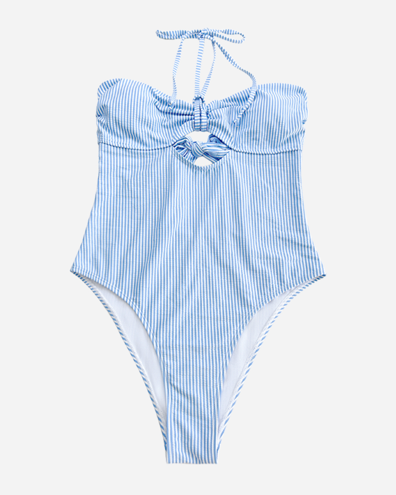 Seersucker Tie Front Cut Out One Piece Swimsuit