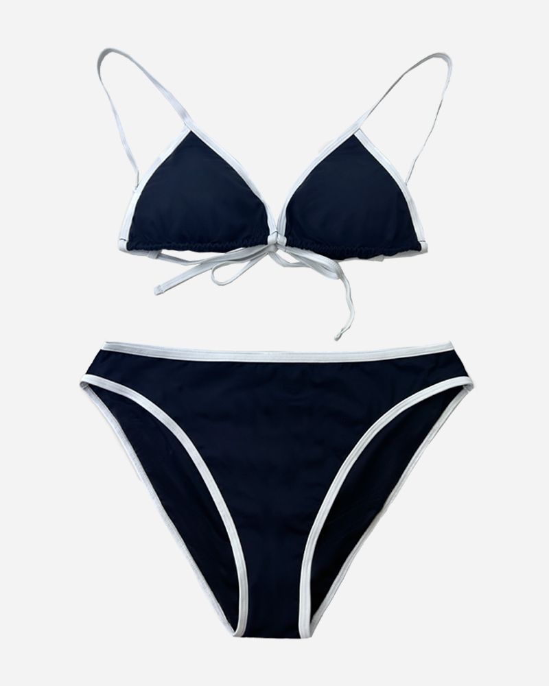 Contrast Binding Triangle Bikini Top & Mid Rise Bikini Bottoms Set