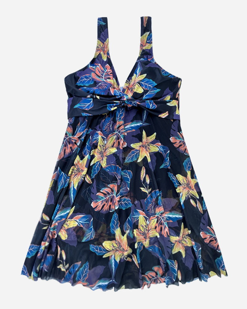 Plus Size Floral V-Neck Skirt Inside One Piece Swimsuit