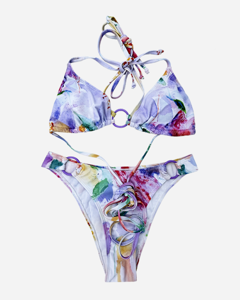 All Over Print O-Ring Bikini Top & Hipster Bikini Bottoms Set