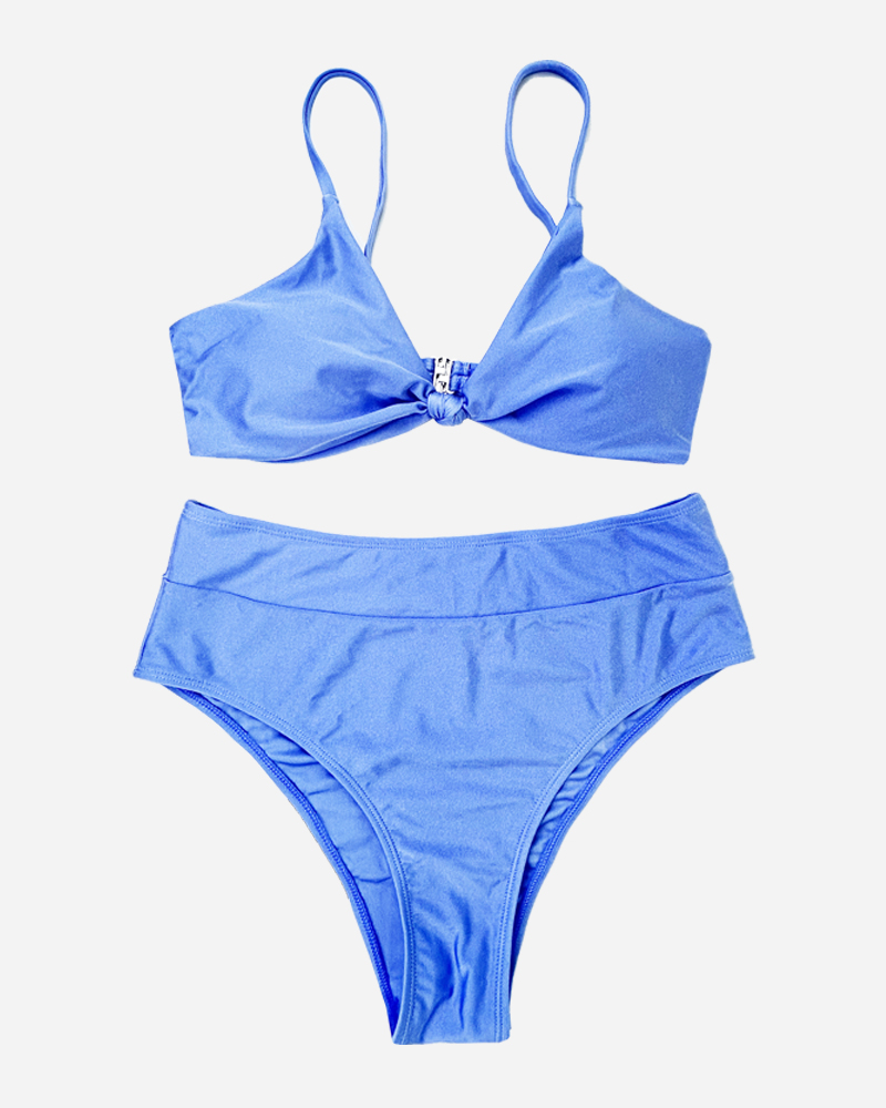 Solid Twist Front Bikini Top & High Rise Bikini Bottoms Set