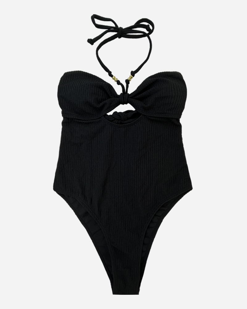 Ribbed Halter Cut Out One Piece Swimsuit