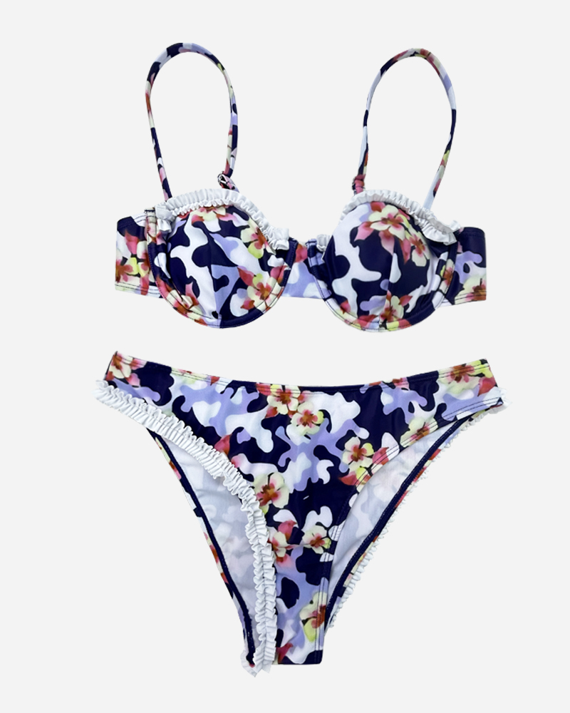 Floral Ruffled Bikini Top & Mid Rise Bikini Bottoms Set