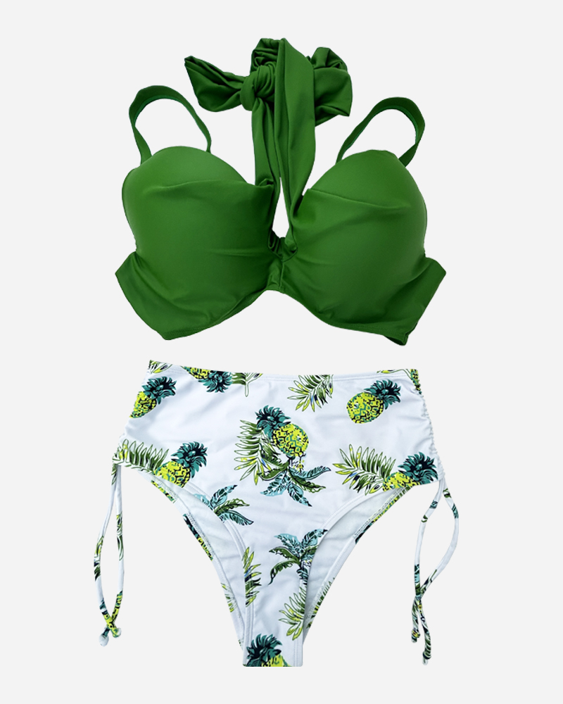 Plus Size Solid Wrap Front Bikini Top & Tropical Drawstring Bikini Bottoms Set