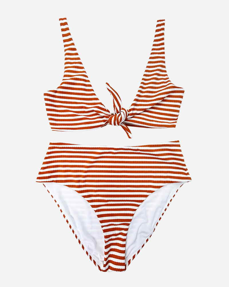 Stripe Tie Front Bikini Top & Mid Rise Bikini Bottoms Set