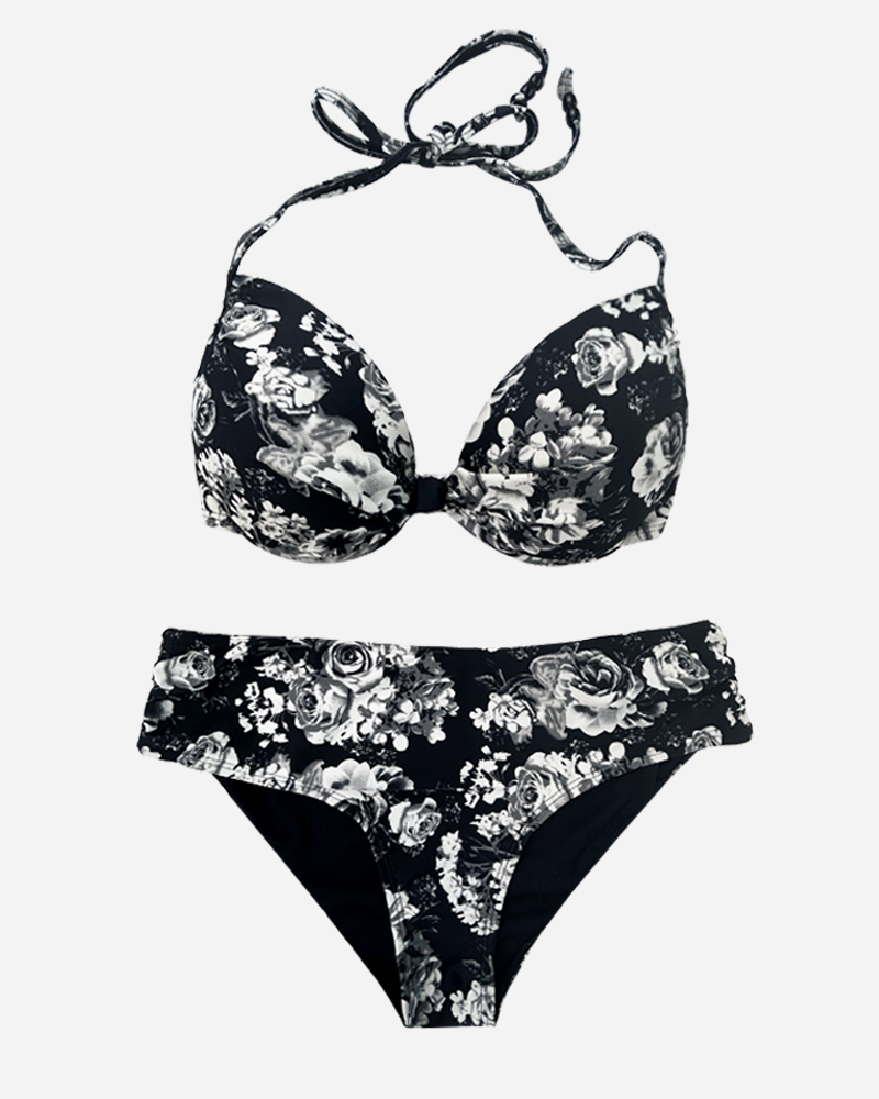 Floral Halter Bikini Top & Mid Rise Bikini Bottoms Set