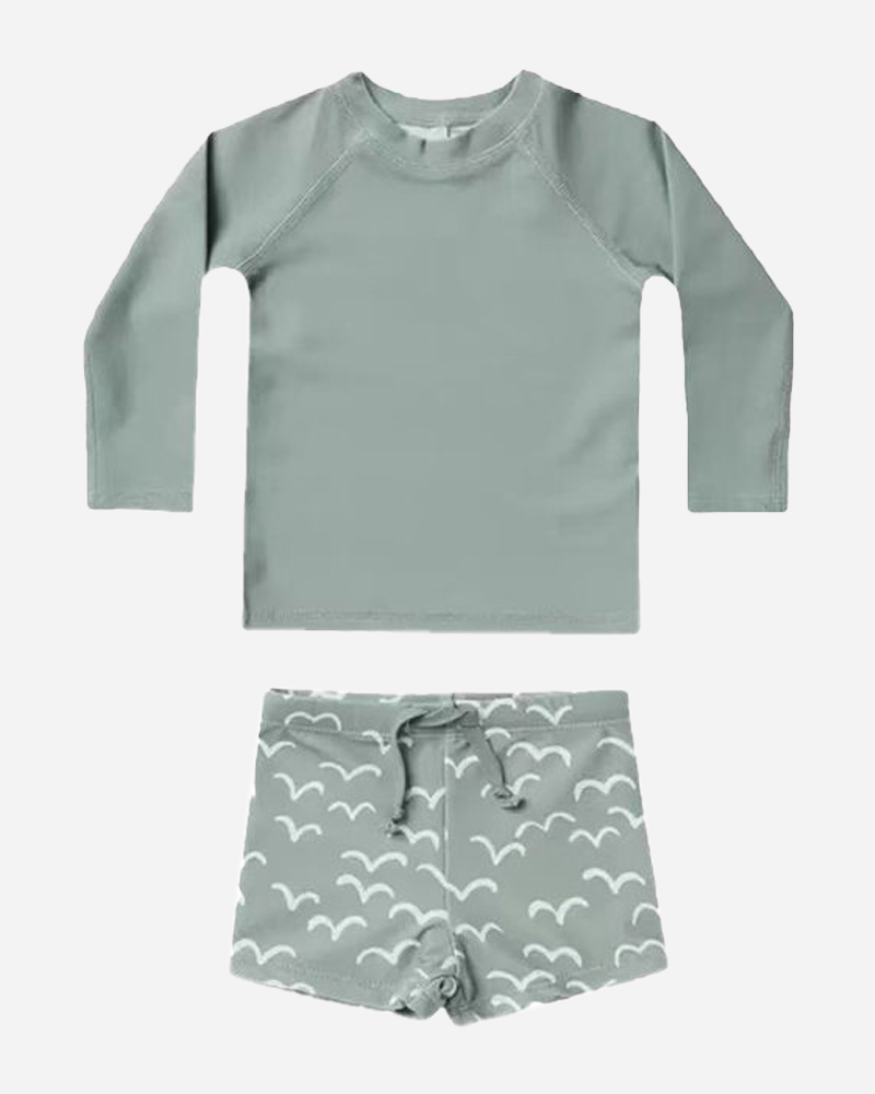 Solid Crewneck T-Shirt&Printed Drawcord Full Elastic Swim shorts Set