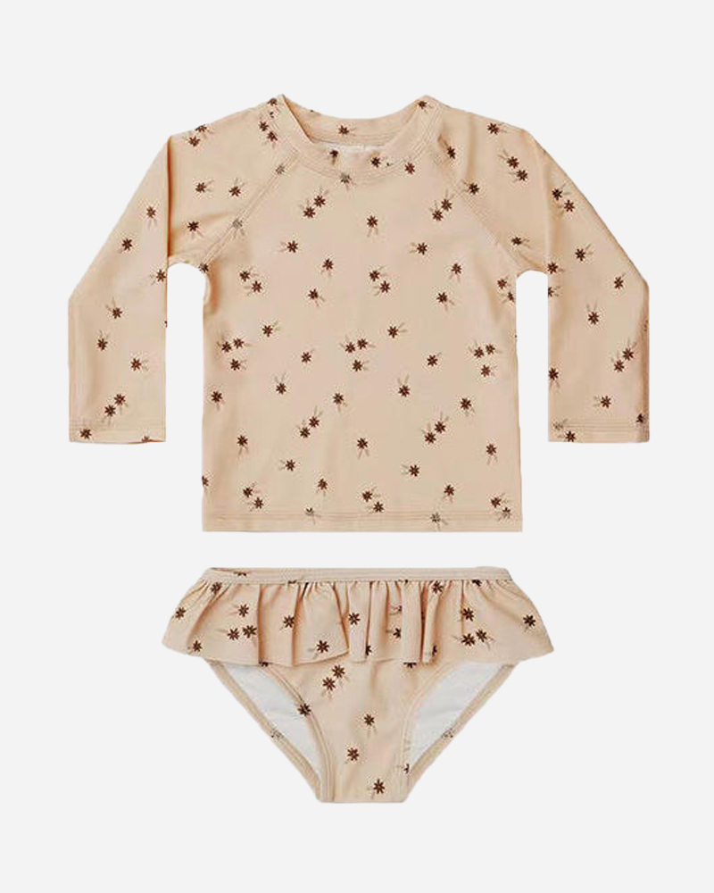 Printed Long Sleeve Crewneck Bikini Top&Mid Rise Ruffled Bikini Bottom Set