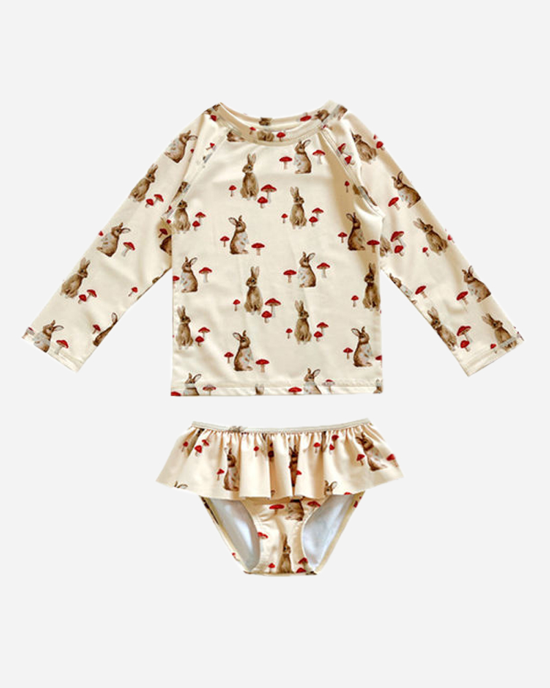 All Over Print Crewneck Long Sleeve Bikini Top&Mid Rise Ruffled Bikini Bottom Set