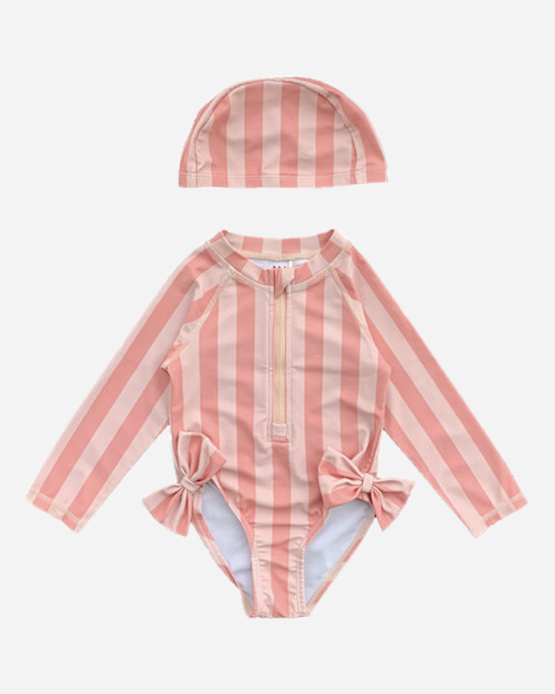 Stripe Half Zip Long Sleeve Ruffled Crewneck One Piece