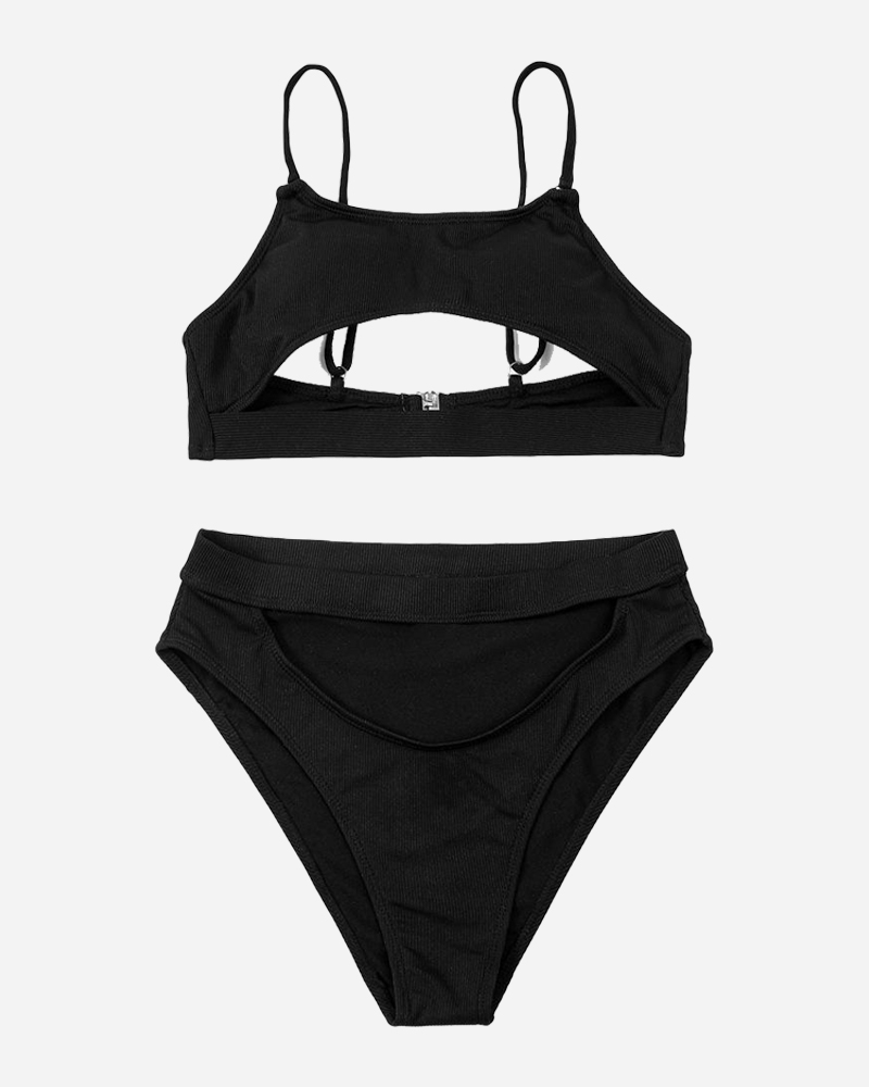 Solid Cut Out Square Neck Bikini Top&Mid Rise Bikini Bottom Set