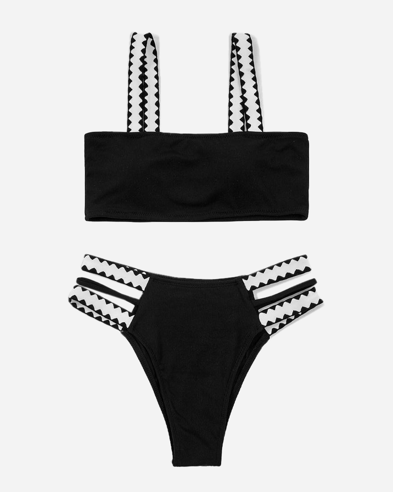 Two Tone Square Neck Check Bikini Top&Cut Out Midi Bikini Bottom Set